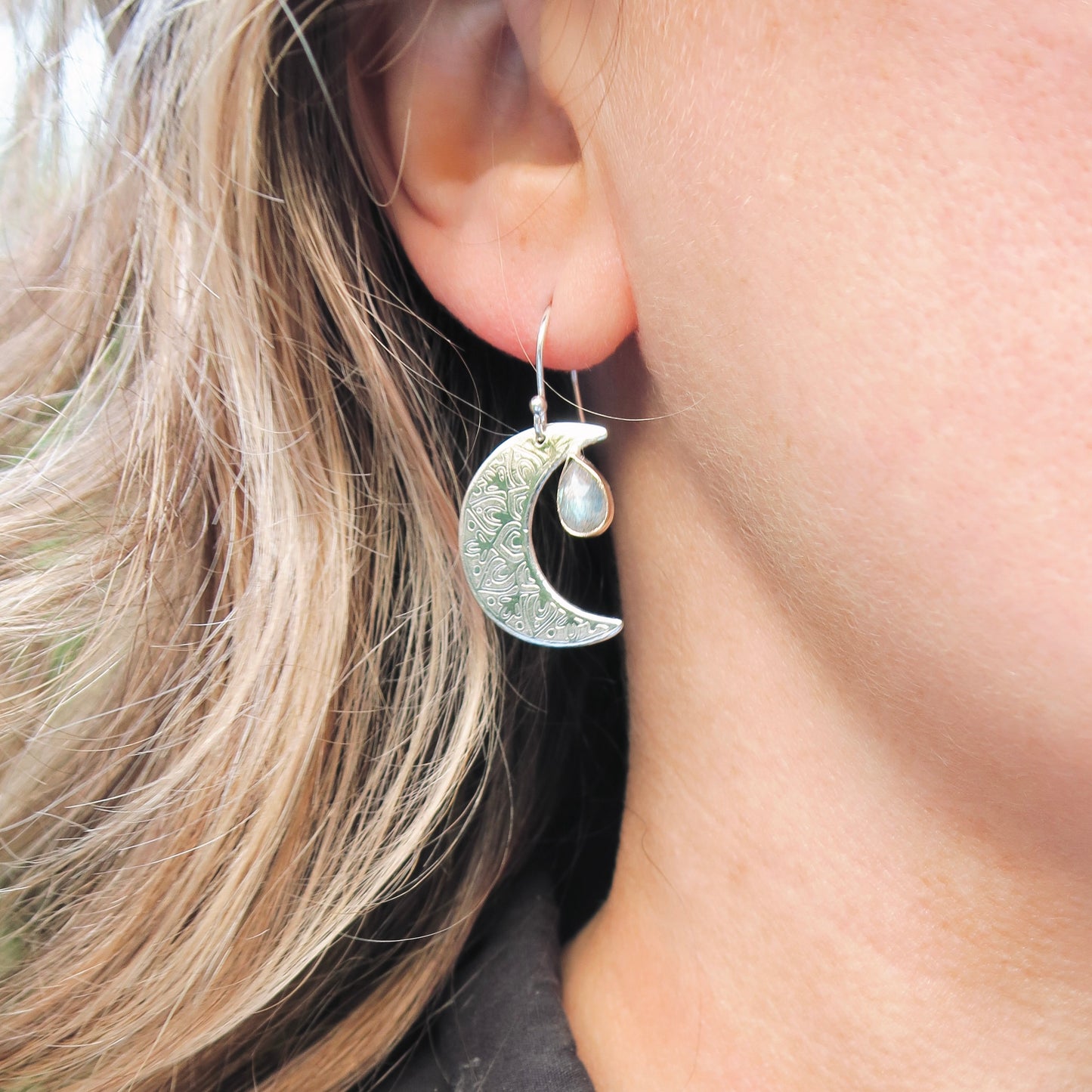 Crescent Moon Mandala, Labradorite, Sterling Silver, 9kt Gold, Earrings