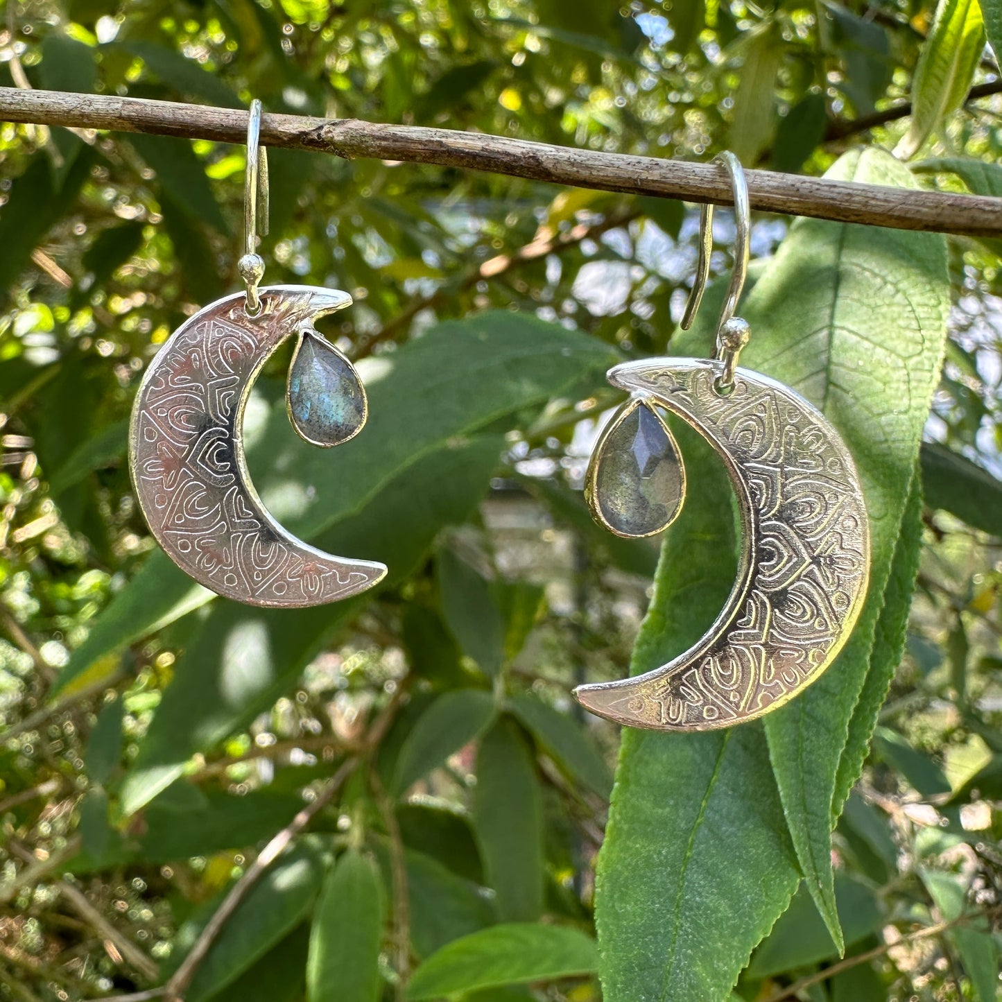 Crescent Moon Mandala, Labradorite, Sterling Silver, 9kt Gold, Earrings