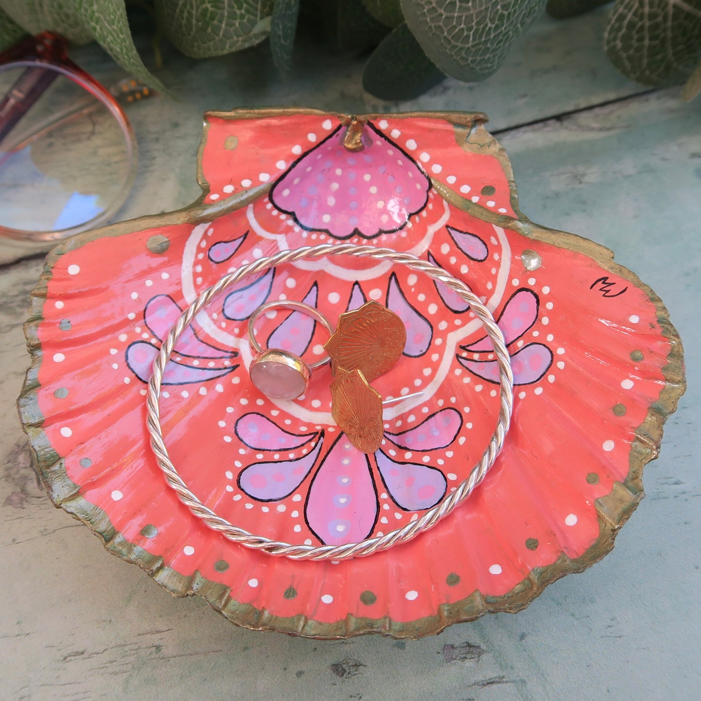 Large Hand Painted Pink Bohemian Shell Jewellery Trinket Dish