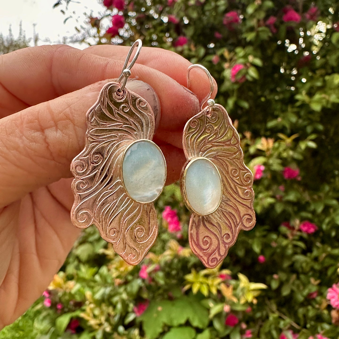 Fallen Fae Wings, Mother of Pearl, Copper Brass Earrings