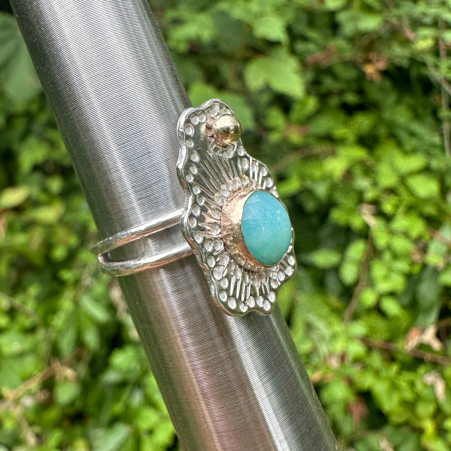 Untamed Peruvian Amazonite, Sterling Silver and 9kt Gold Intuitive Design Ring, Size M