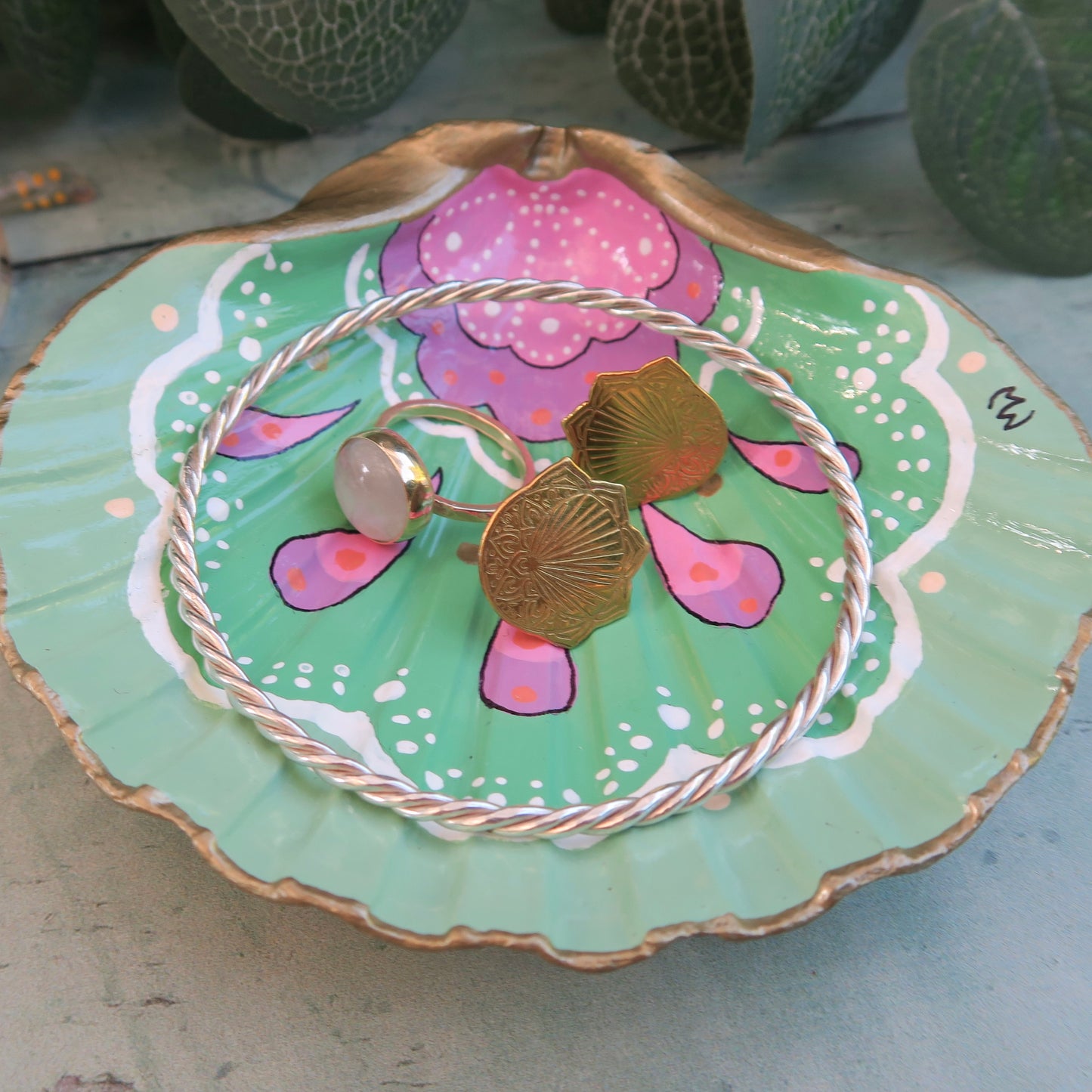 Medium Hand Painted Ocean Boho Shell Jewellery Trinket Dish