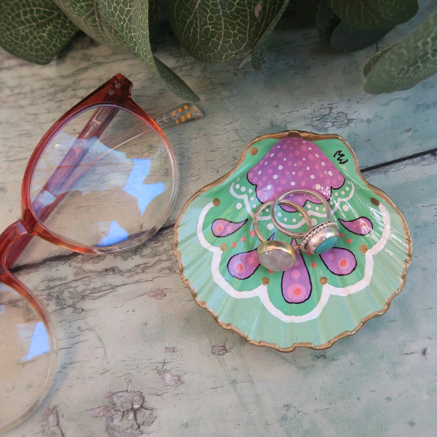 Small Hand Painted Boho Blues Shell Ring Trinket Dish