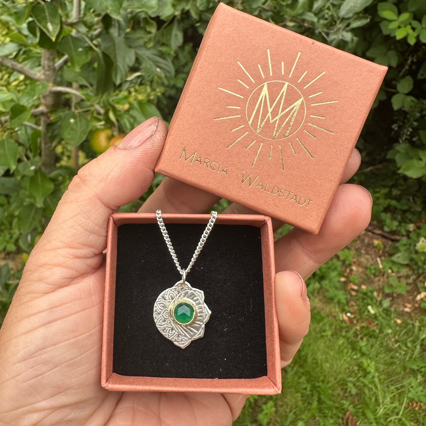 Celestial Fusion, Green Aventurine, Sterling Silver and Brass Pendant Necklace