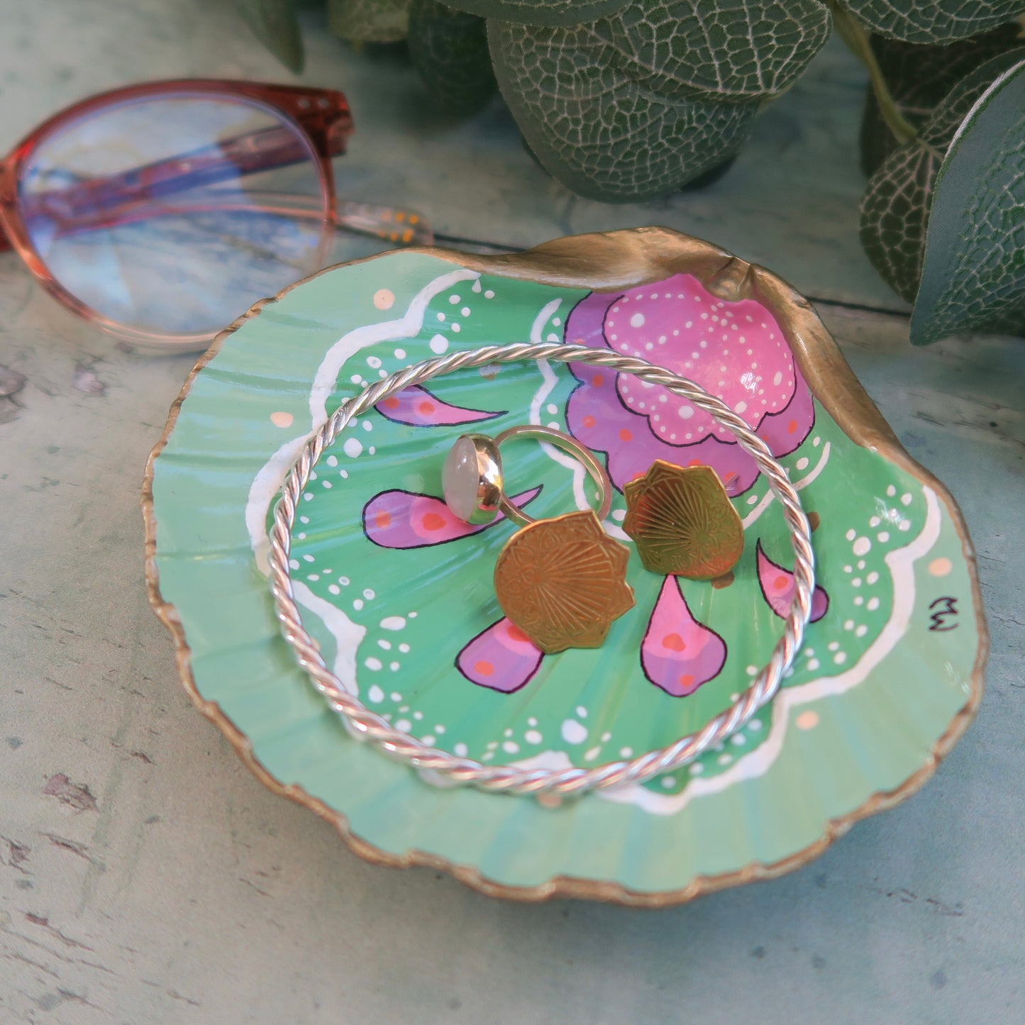 Medium Hand Painted Ocean Boho Shell Jewellery Trinket Dish