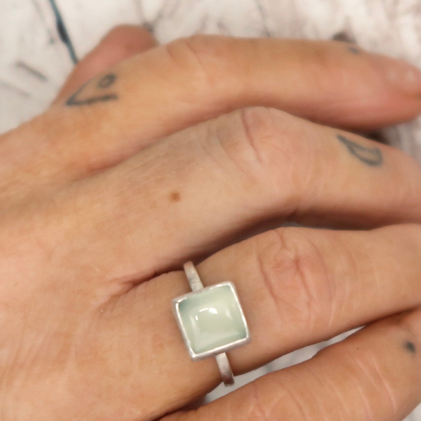 Simple Square Blue Chalcedony Ring 