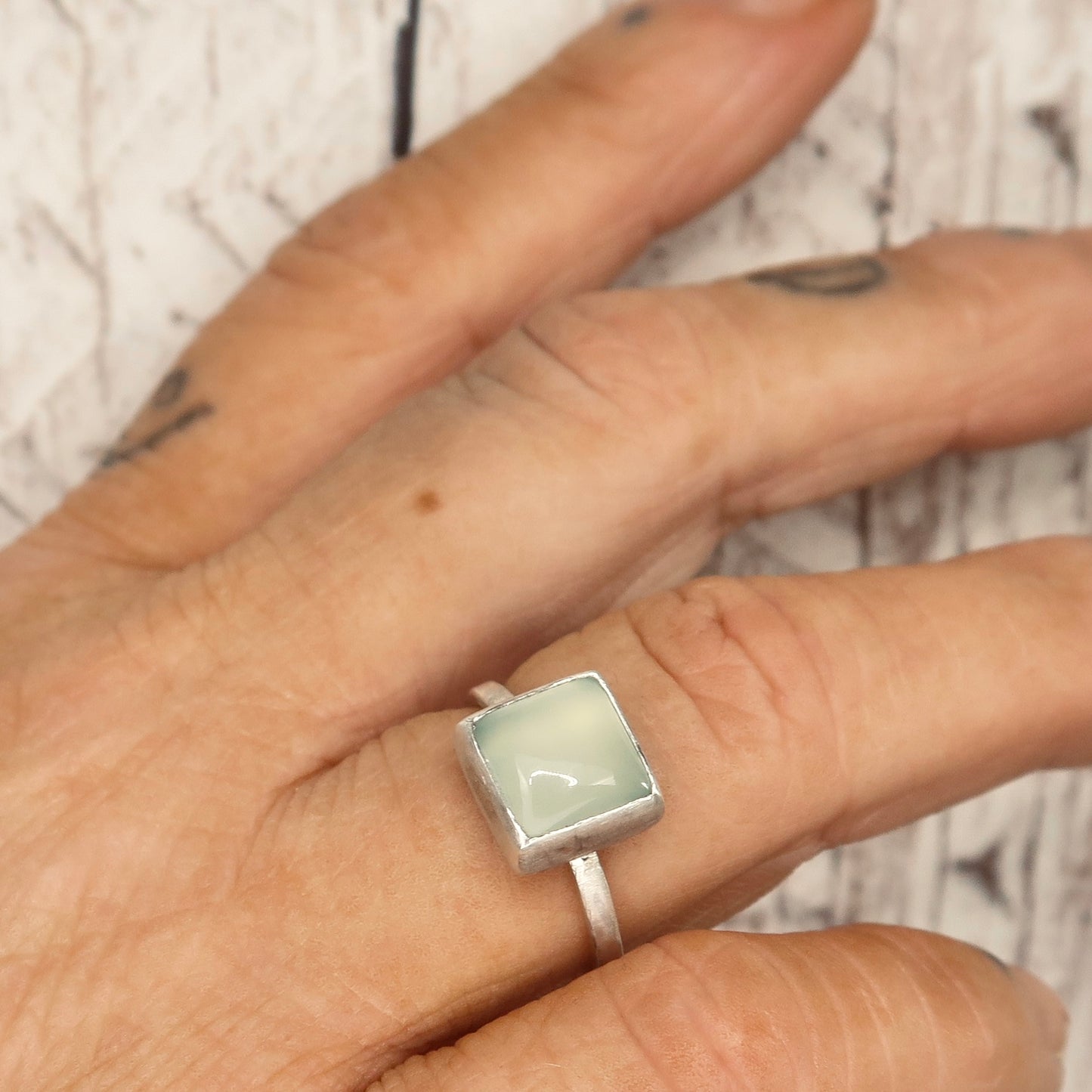 Simple Square Blue Chalcedony Ring 