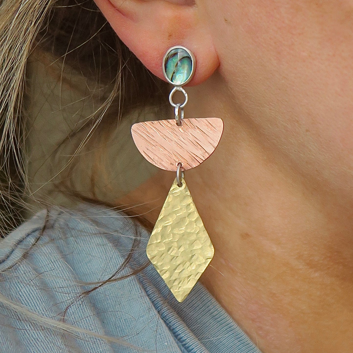 Mixed Metal Textured Paua Shell Earrings