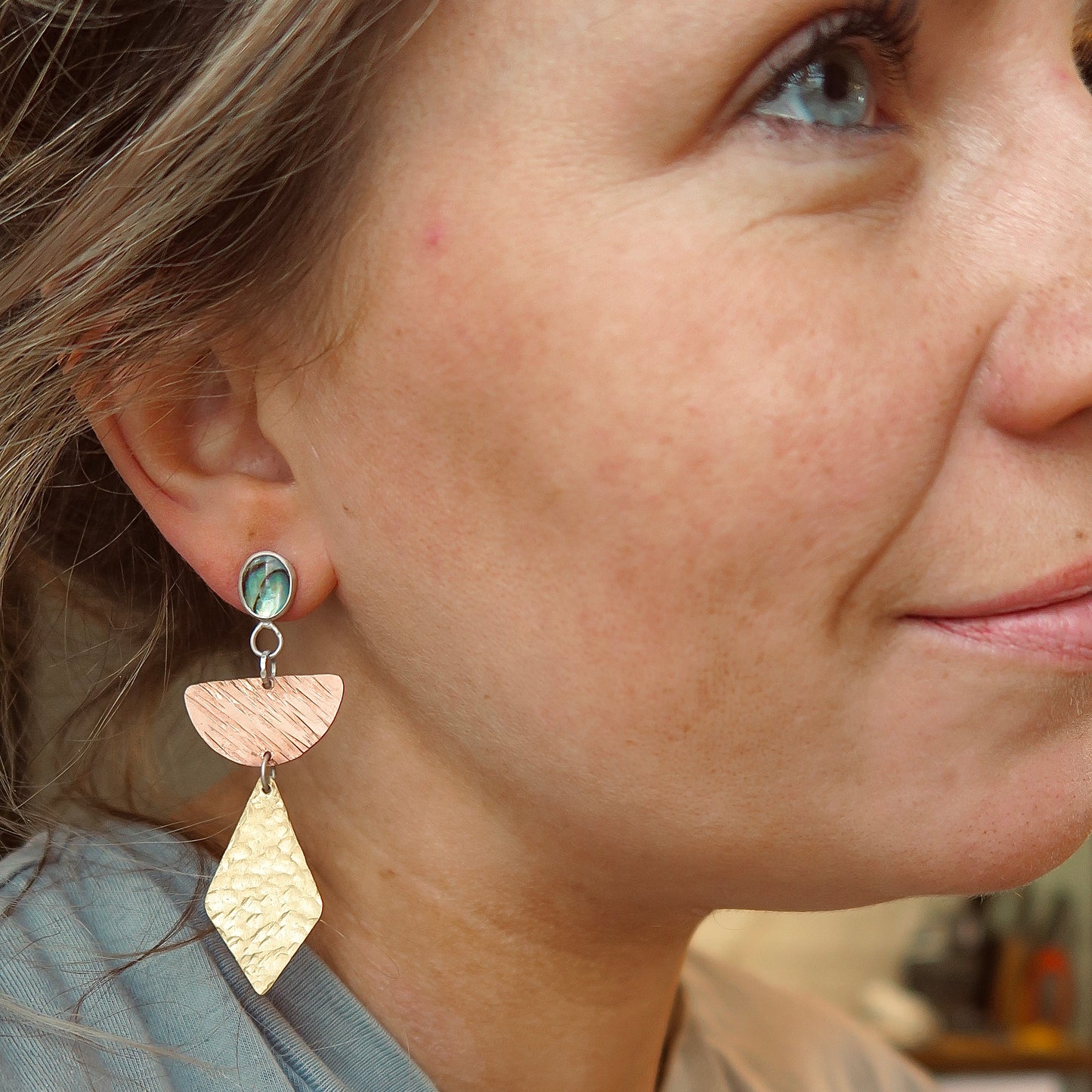 Mixed Metal Textured Paua Shell Earrings