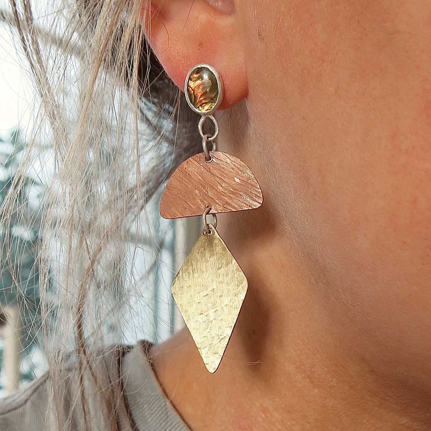 Mixed Metal Textured Paua Shell Earrings