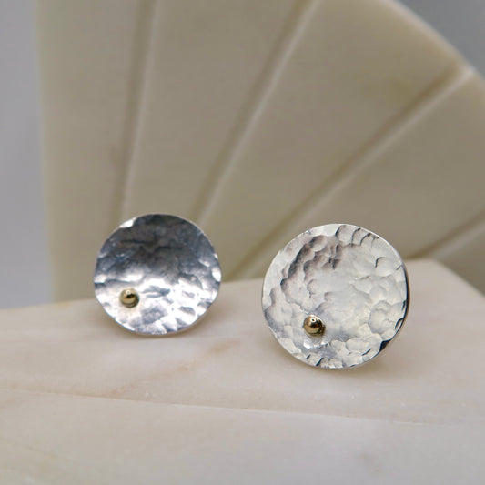 hammered sterling silver and gold abstract lily pad studs