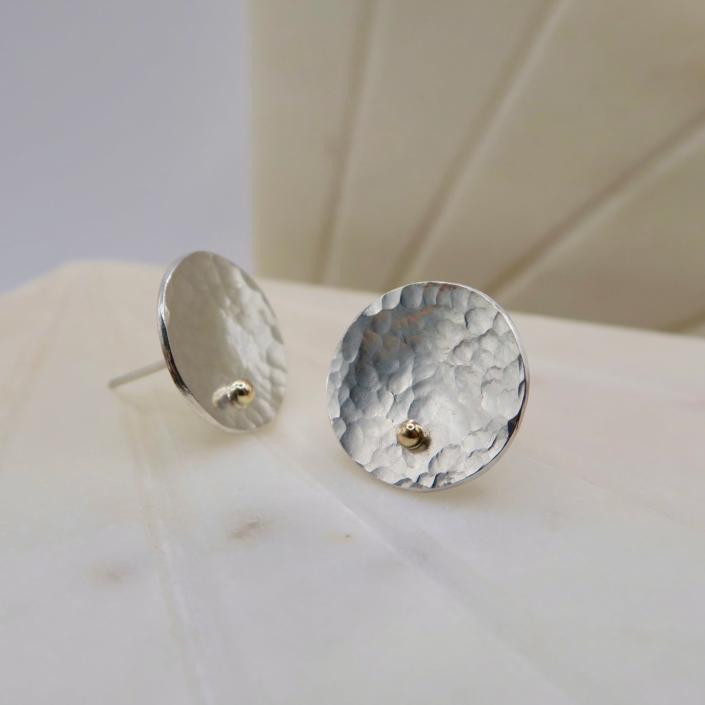 hammered sterling silver and gold abstract lily pad studs