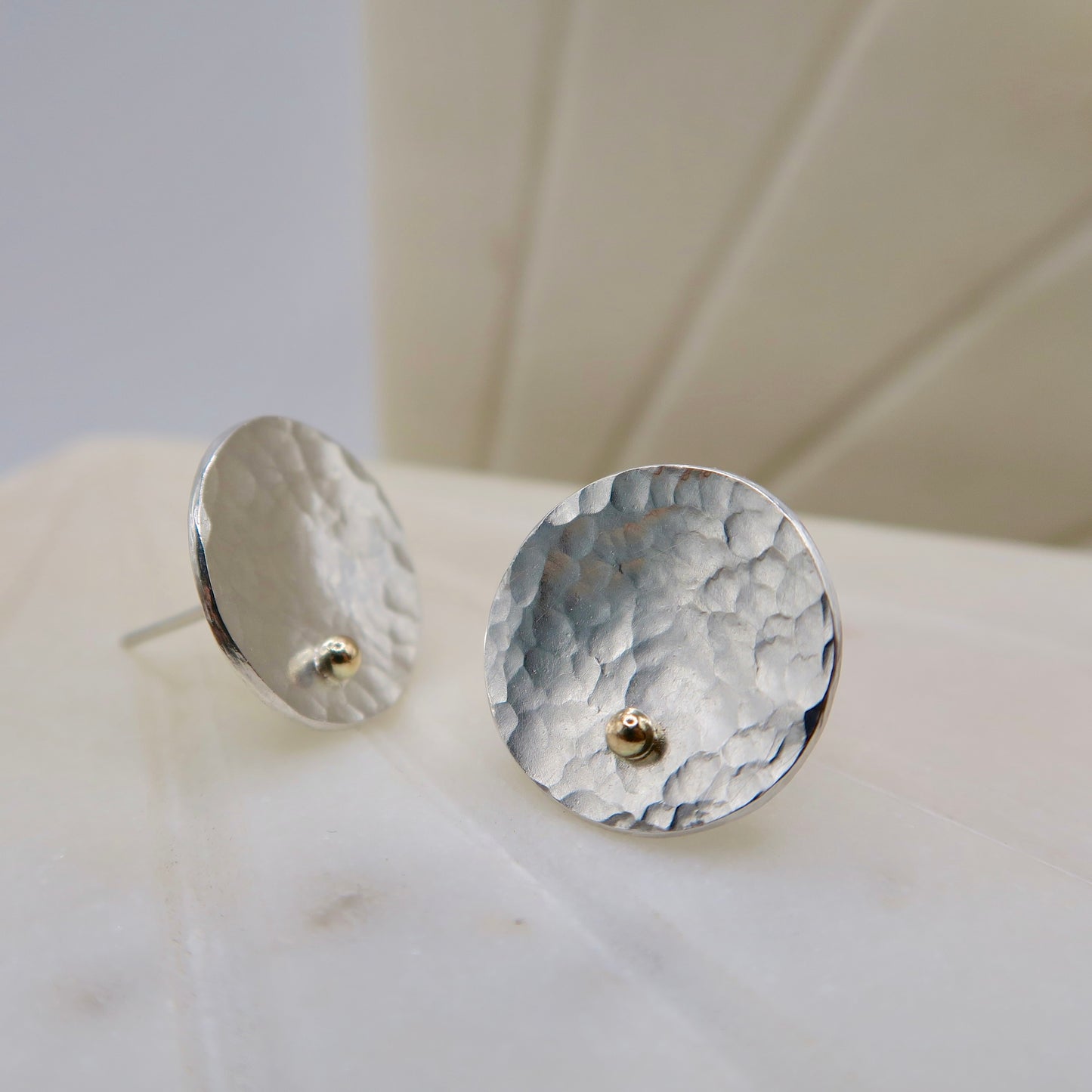 hammered sterling silver and gold abstract lily pad studs