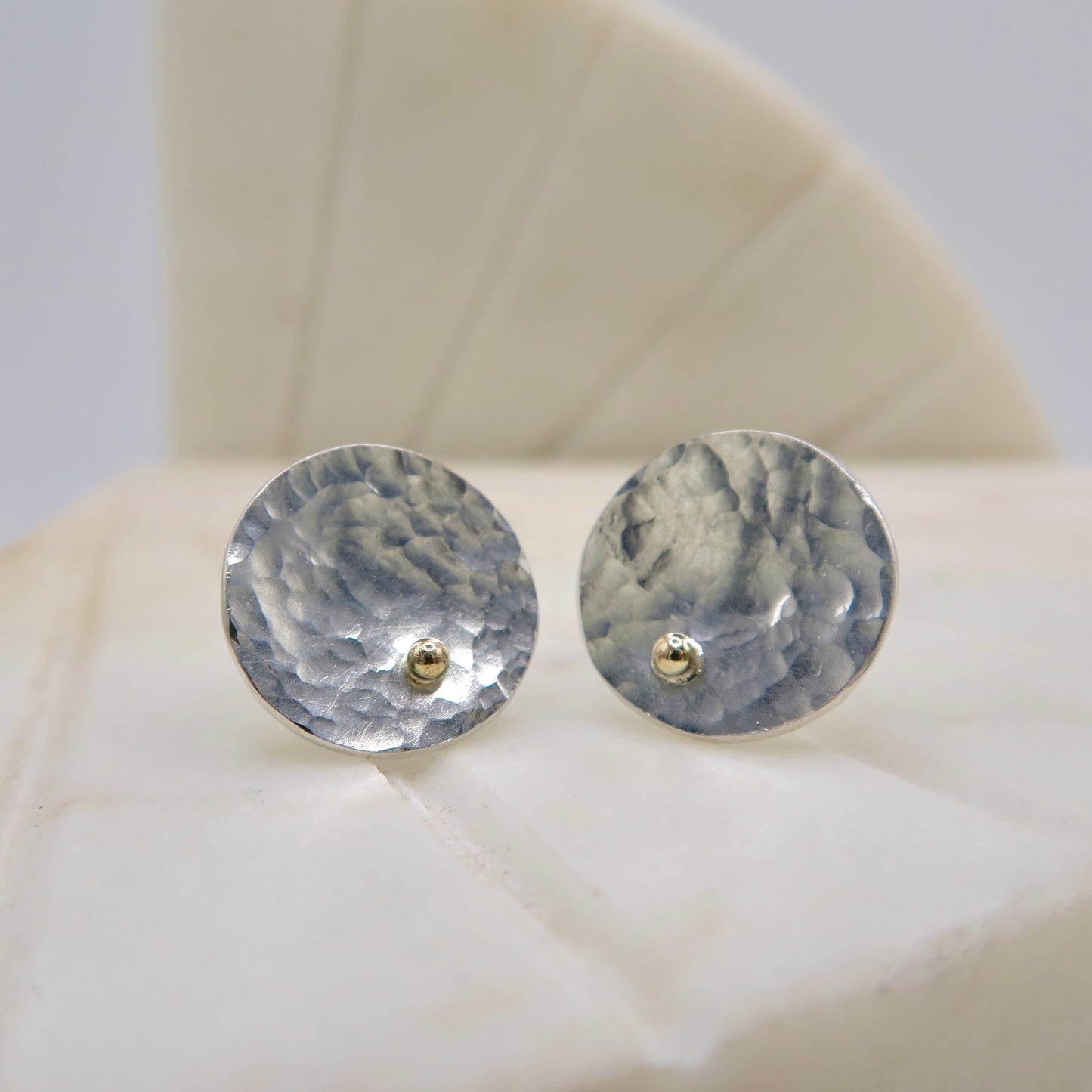 hammered sterling silver and gold abstract lily pad studs