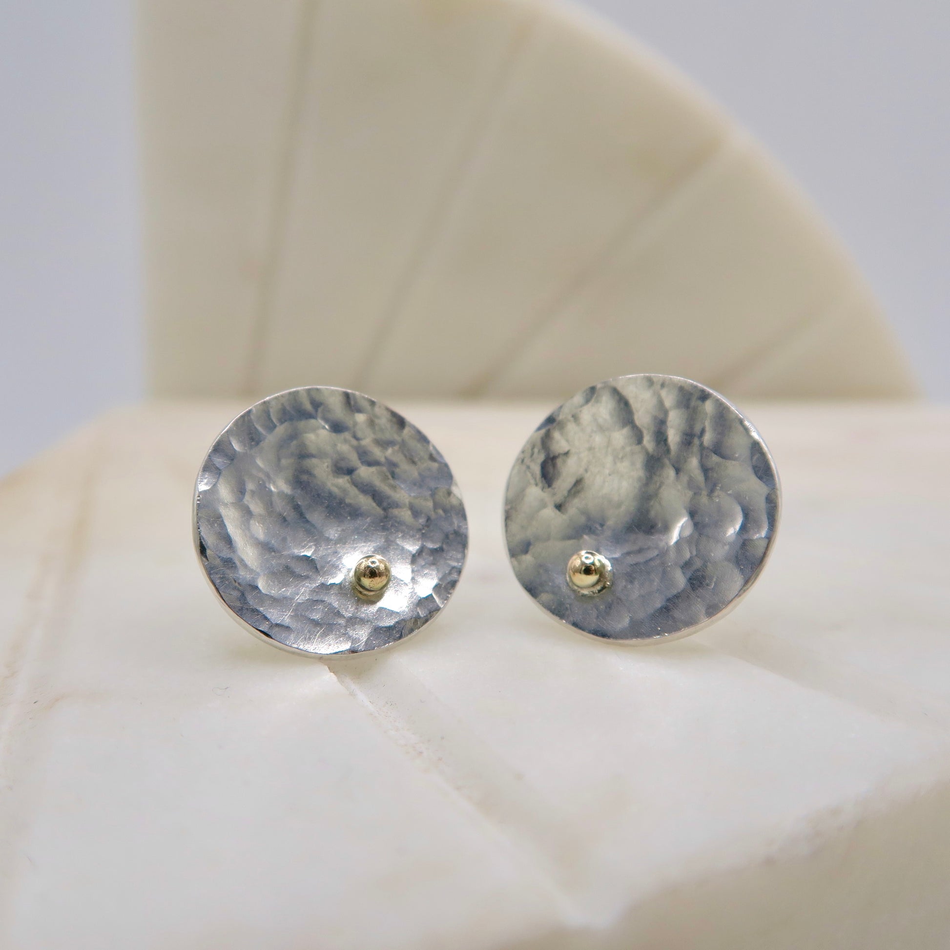 hammered sterling silver and gold abstract lily pad studs