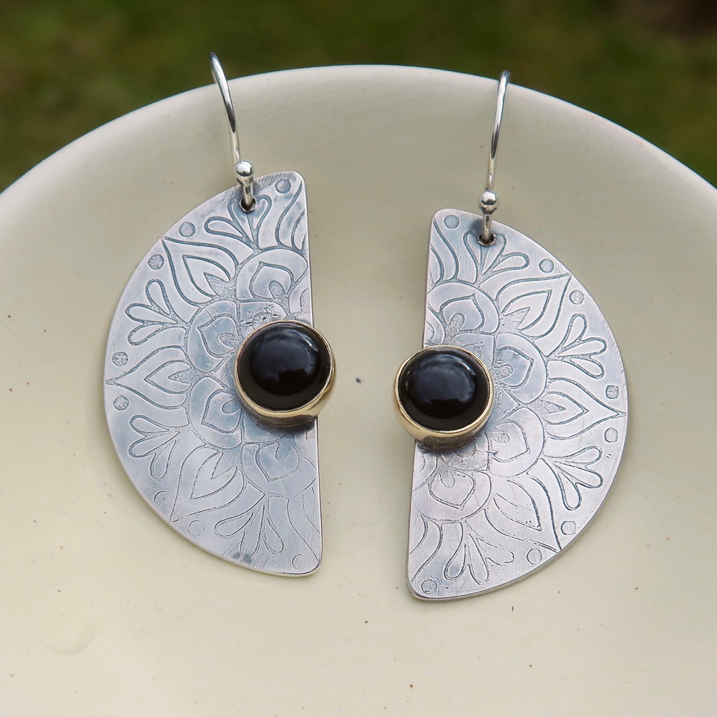 Bloom Mandala, Onyx Stone, 9kt Gold & 925 Sterling Silver Earrings