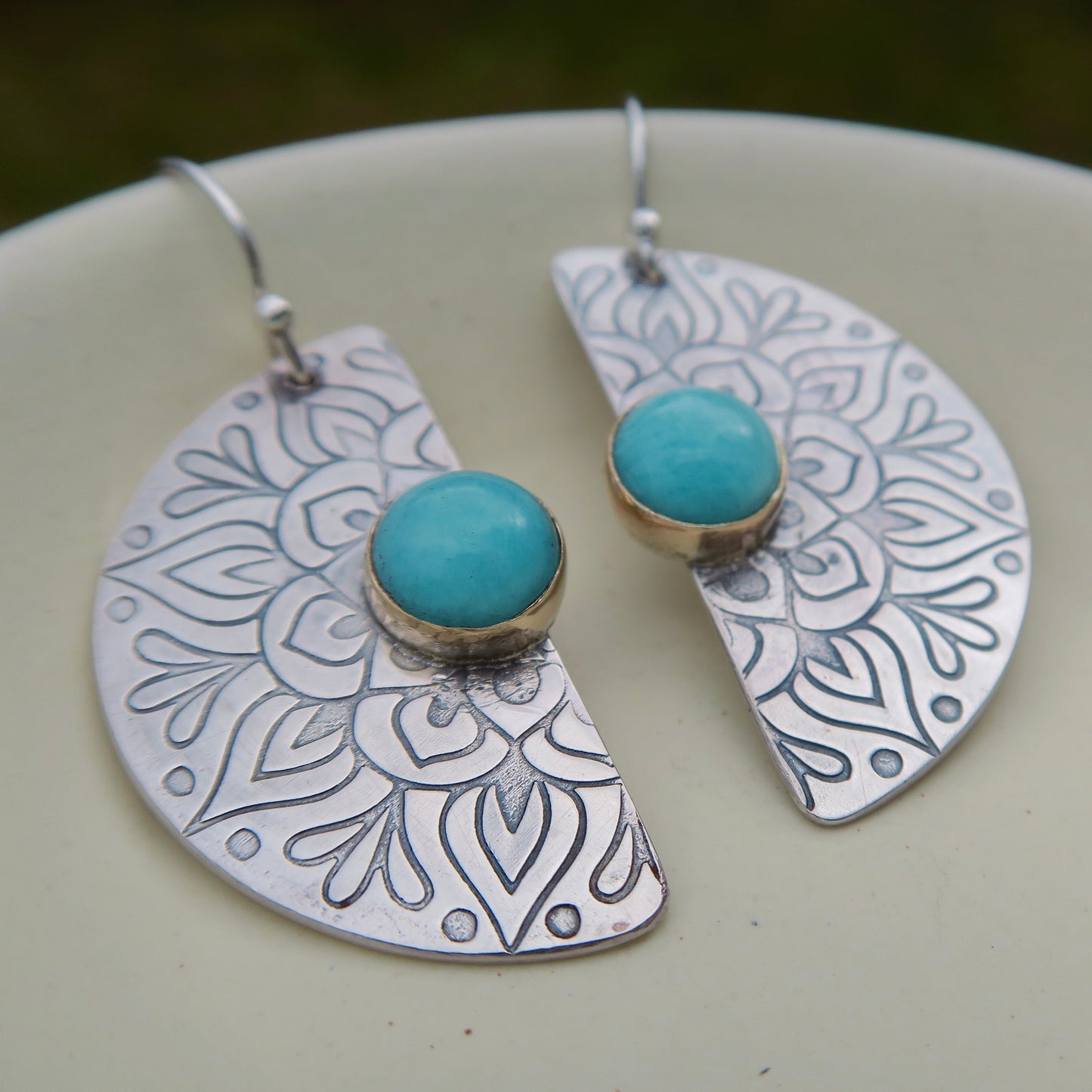 Bloom Mandala, Amazonite Stone, 9kt gold & 925 Sterling Silver Earrings