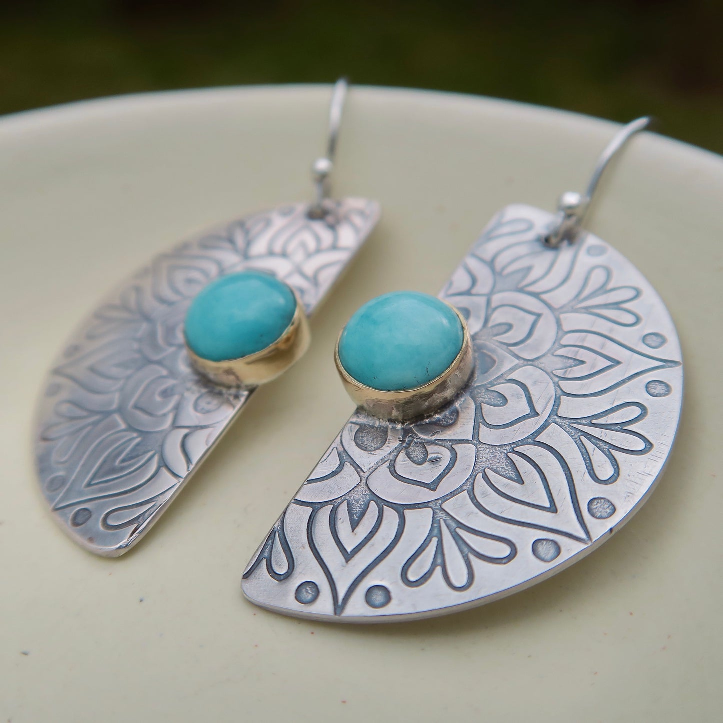 Bloom Mandala, Amazonite Stone, 9kt gold & 925 Sterling Silver Earrings