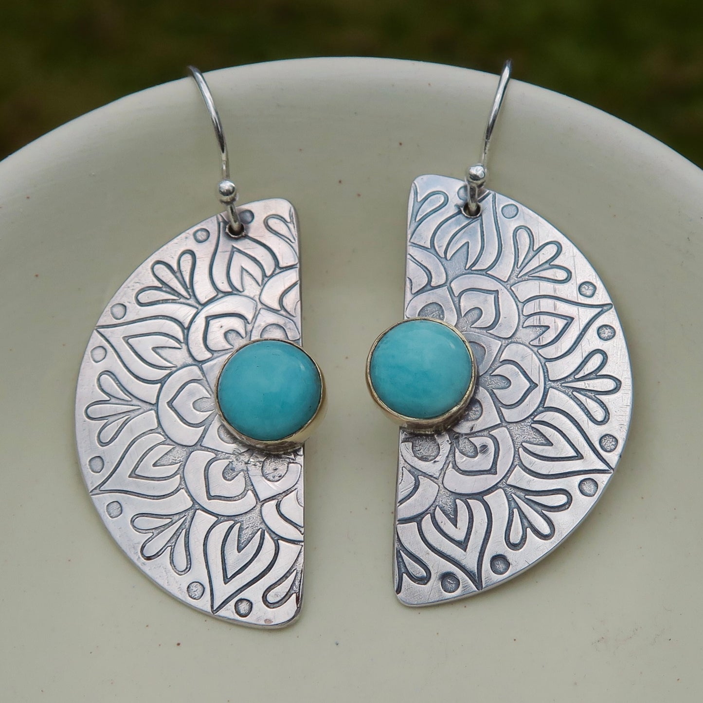 Bloom Mandala, Amazonite Stone, 9kt gold & 925 Sterling Silver Earrings