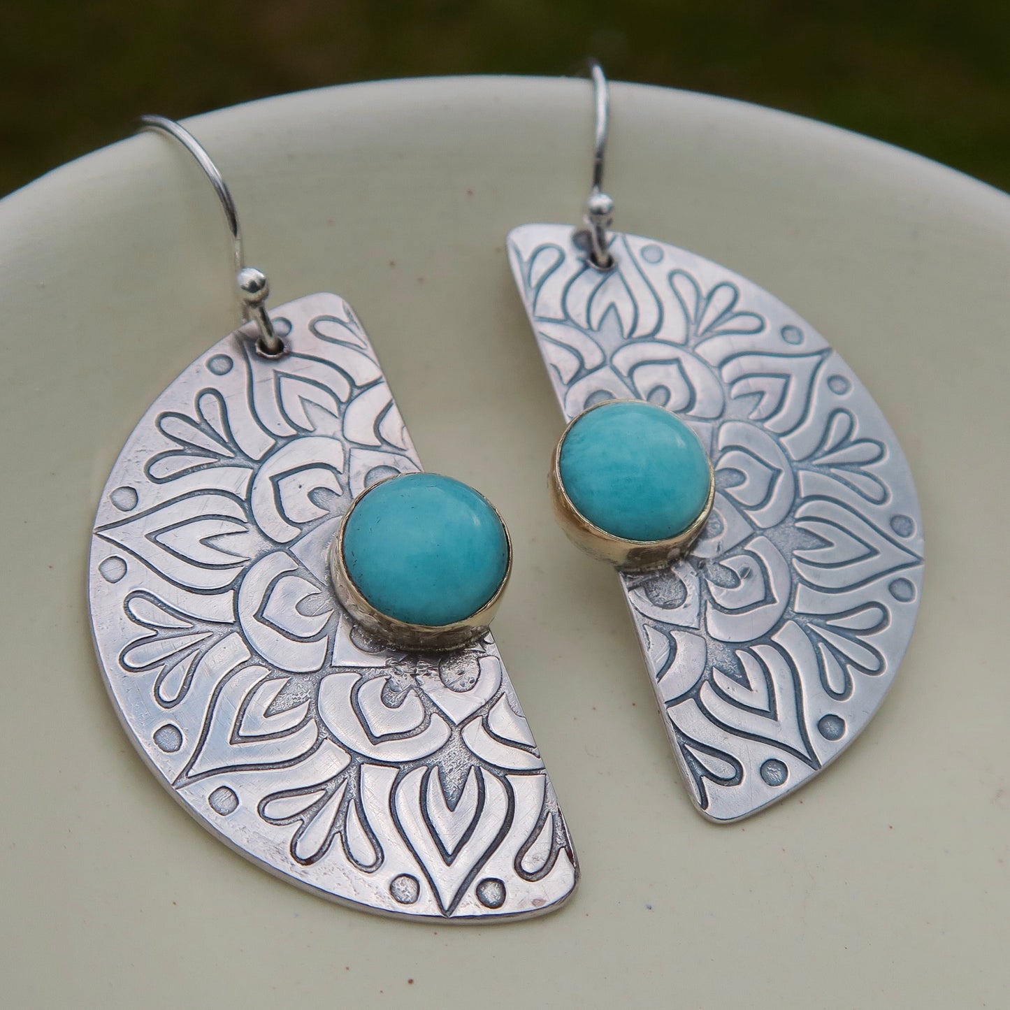 Bloom Mandala, Amazonite Stone, 9kt gold & 925 Sterling Silver Earrings