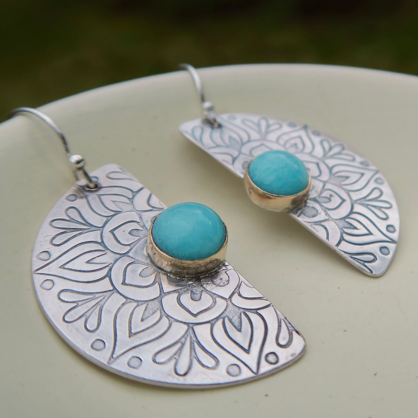 Bloom Mandala, Amazonite Stone, 9kt gold & 925 Sterling Silver Earrings