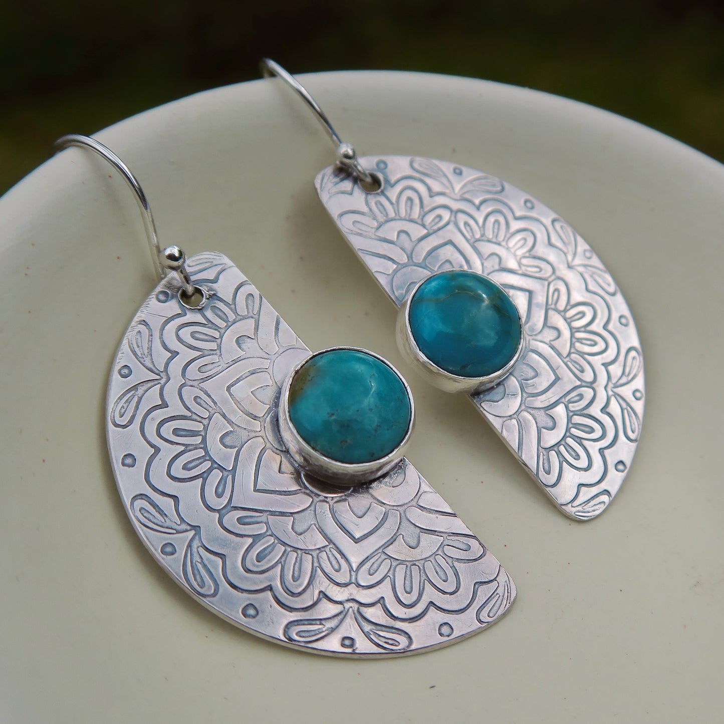 Flourish Mandala, Turquoise Stone, 925 Sterling Silver Earrings