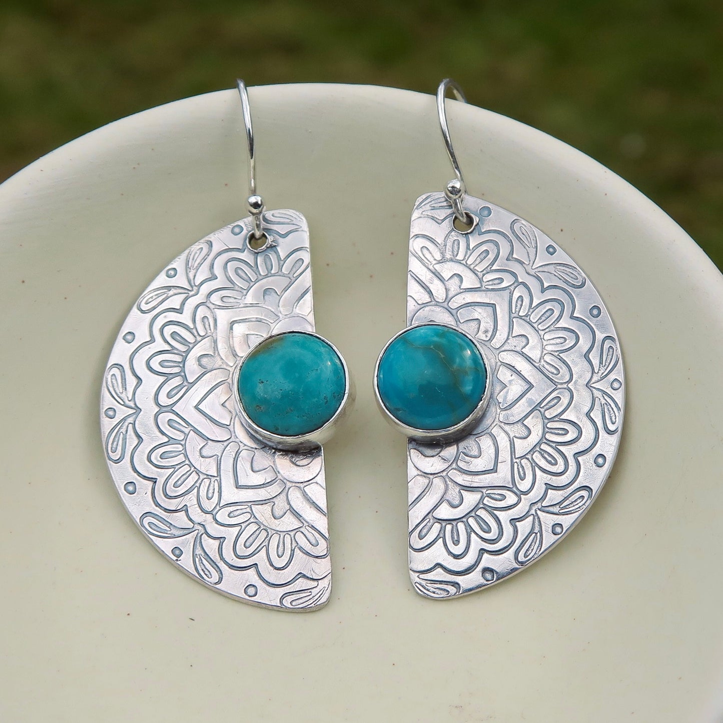 Flourish Mandala, Turquoise Stone, 925 Sterling Silver Earrings