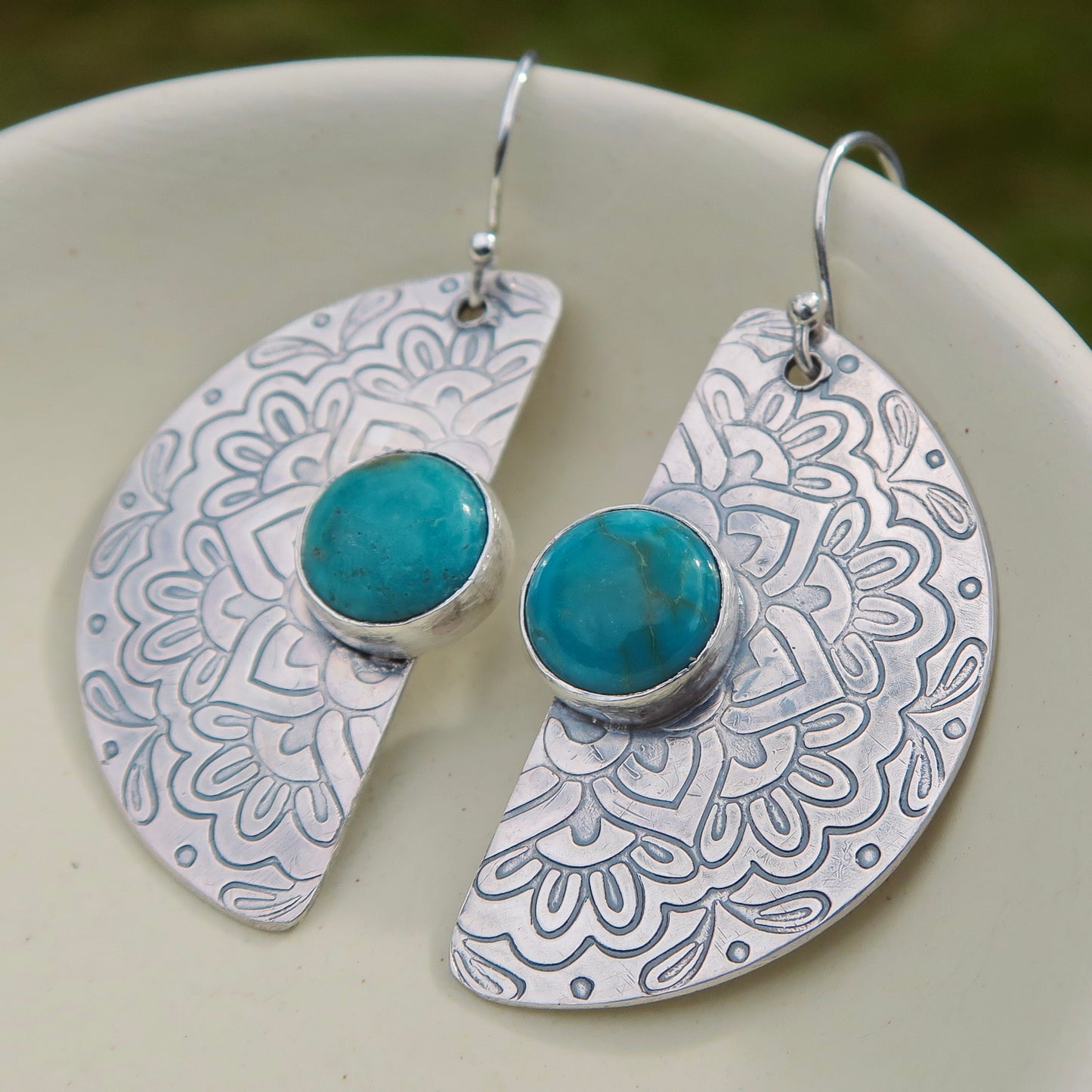 Flourish Mandala, Turquoise Stone, 925 Sterling Silver Earrings