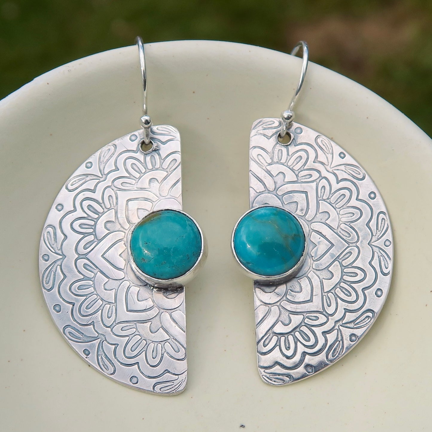 Flourish Mandala, Turquoise Stone, 925 Sterling Silver Earrings