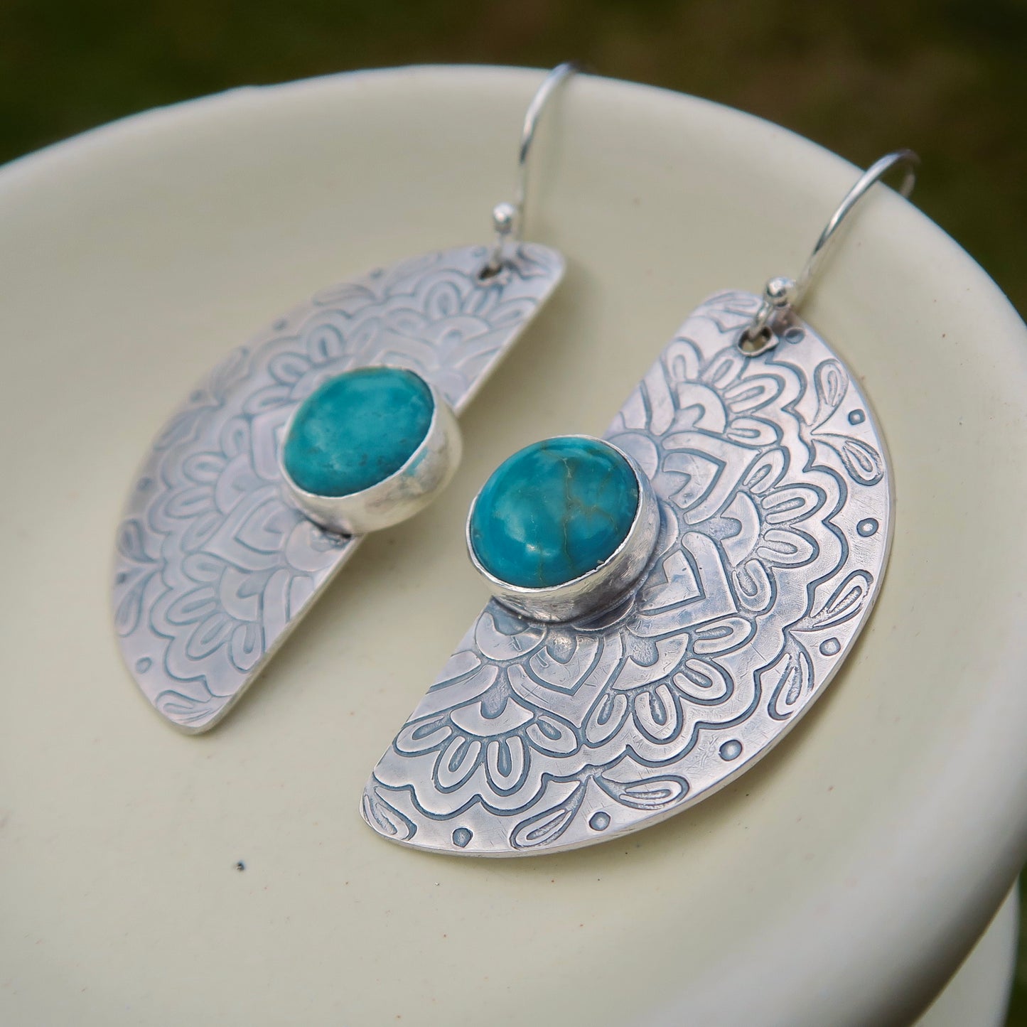 Flourish Mandala, Turquoise Stone, 925 Sterling Silver Earrings