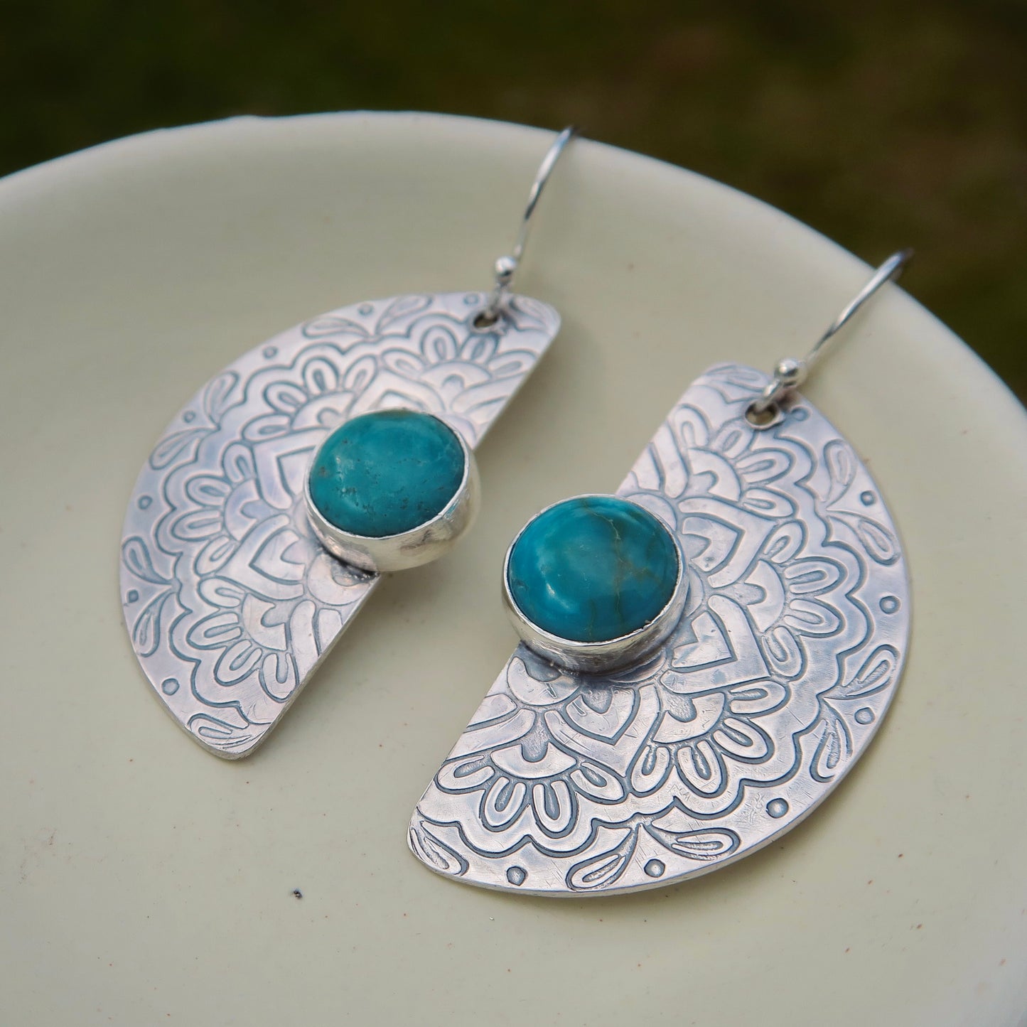 Flourish Mandala, Turquoise Stone, 925 Sterling Silver Earrings