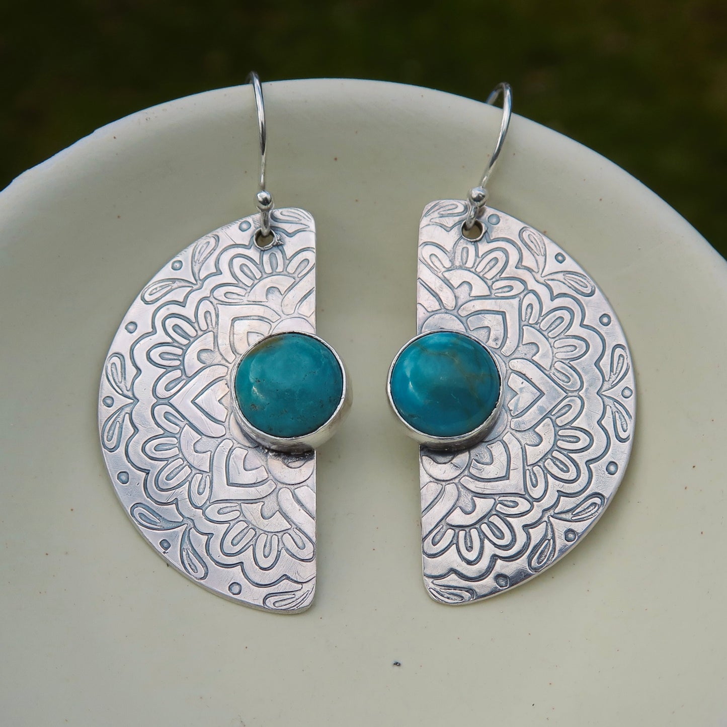 Flourish Mandala, Turquoise Stone, 925 Sterling Silver Earrings