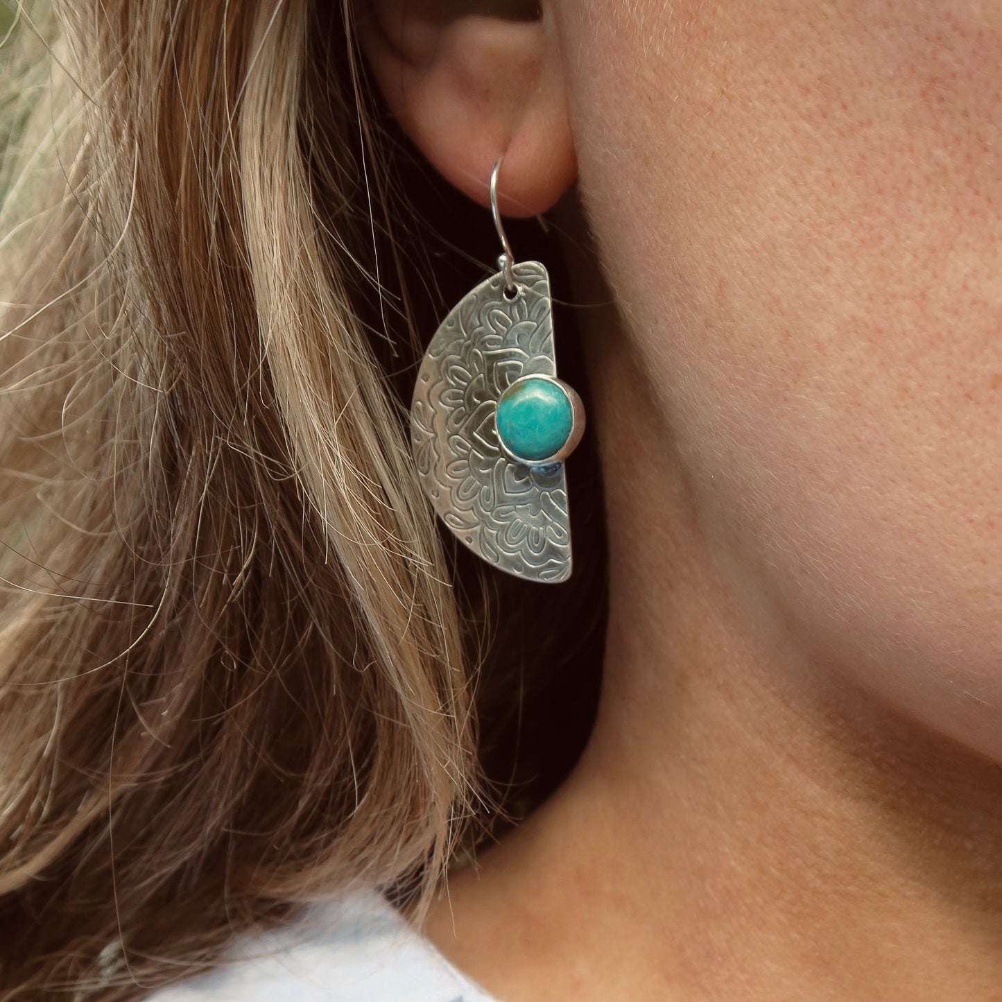 Flourish Mandala, Turquoise Stone, 925 Sterling Silver Earrings