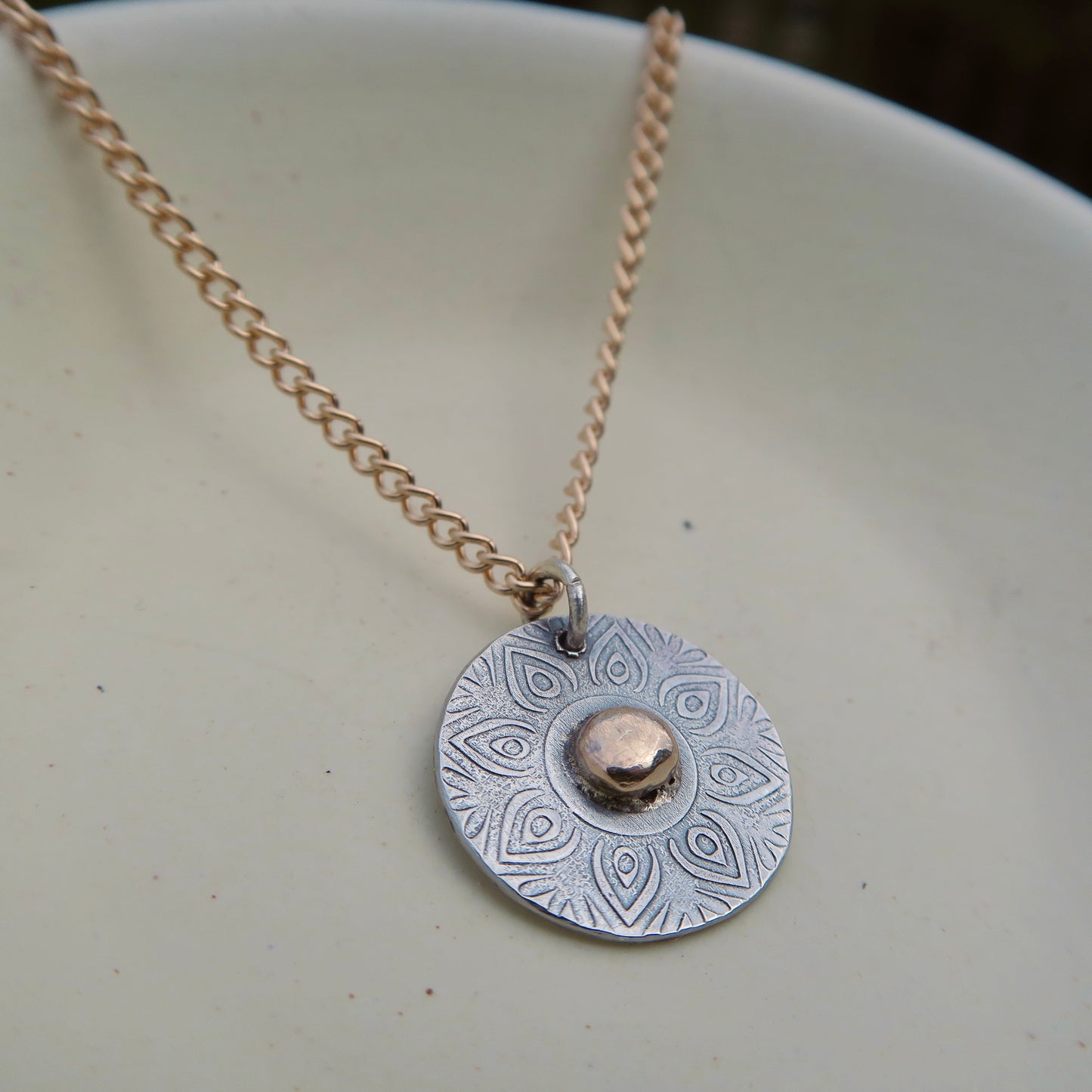 Sunburst Mandala, 9kt gold, Sterling Silver Necklace