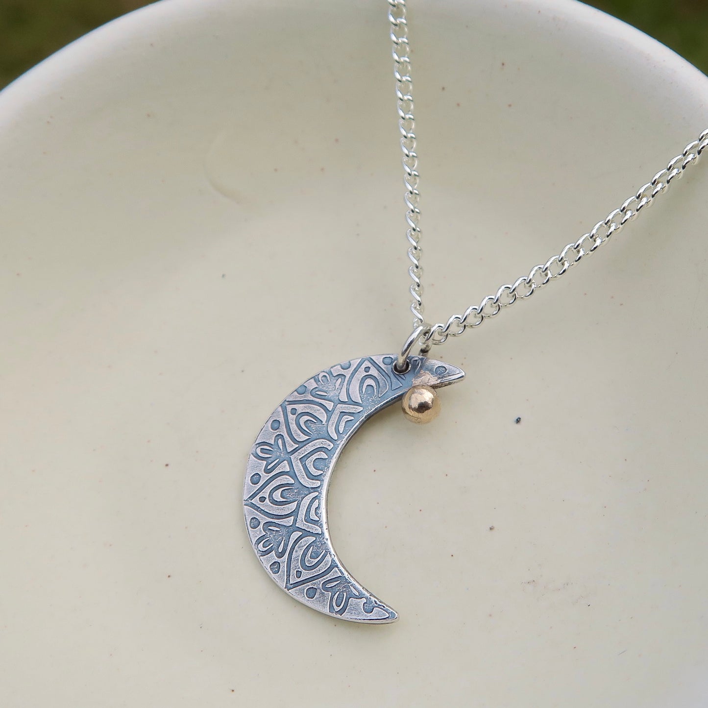 Crescent Moon Mandala, 925 Sterling Silver, 9kt Gold Necklace