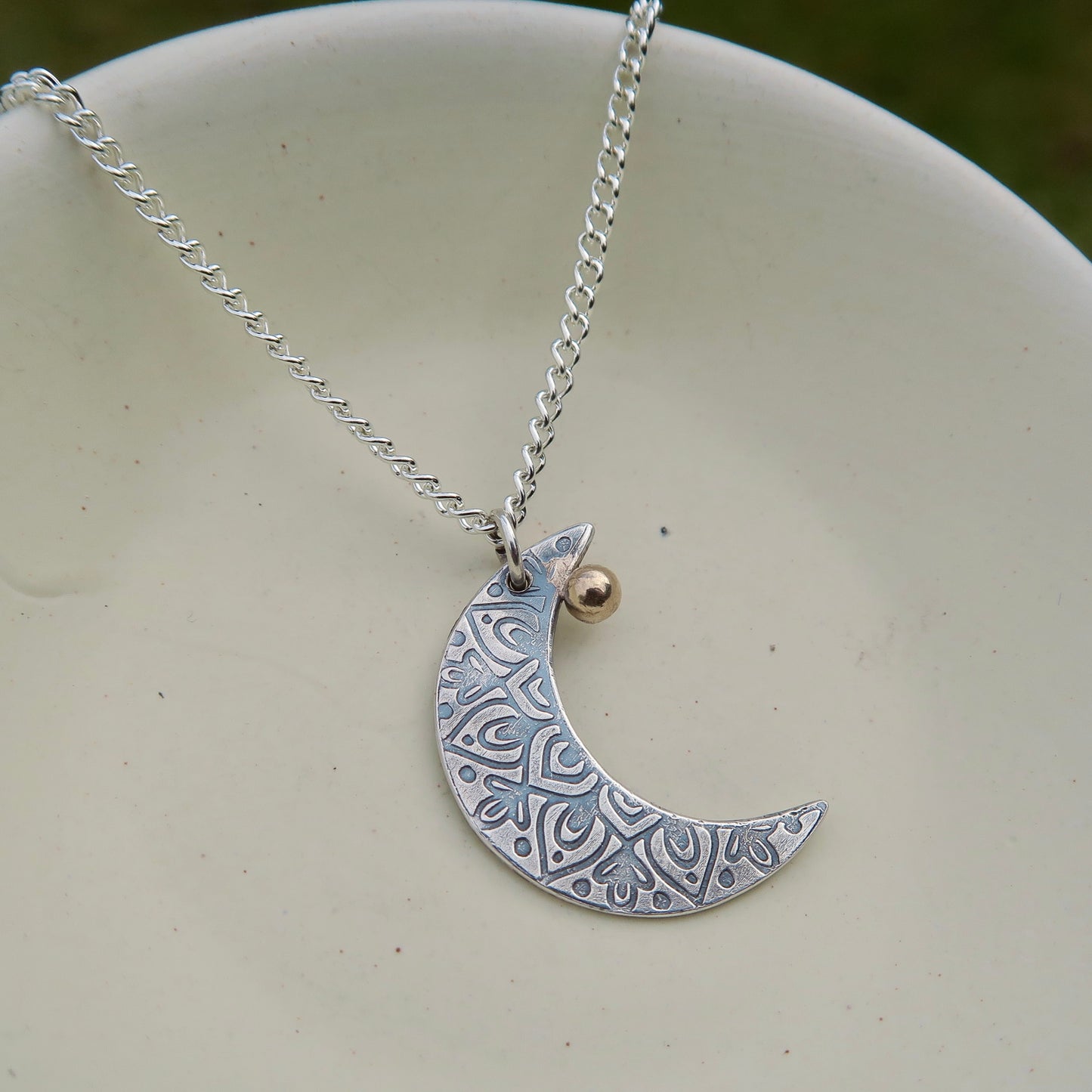 Crescent Moon Mandala, 925 Sterling Silver, 9kt Gold Necklace