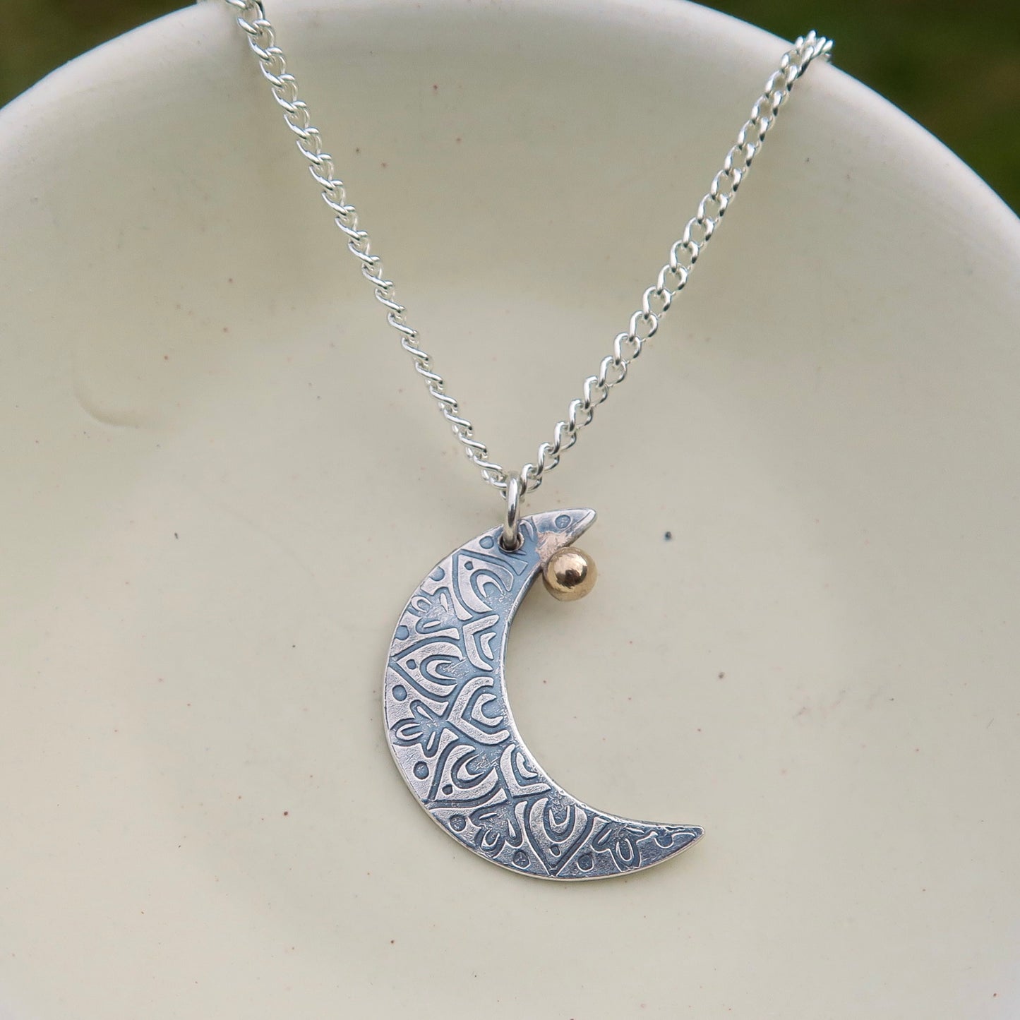 Crescent Moon Mandala, 925 Sterling Silver, 9kt Gold Necklace