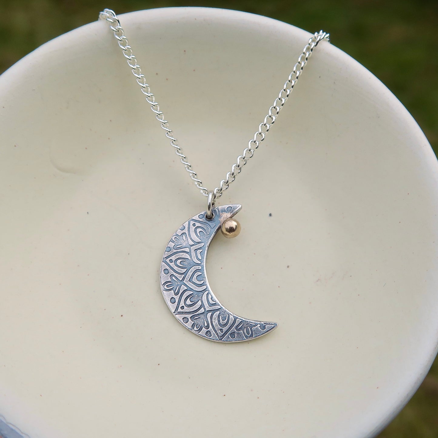 Crescent Moon Mandala, 925 Sterling Silver, 9kt Gold Necklace