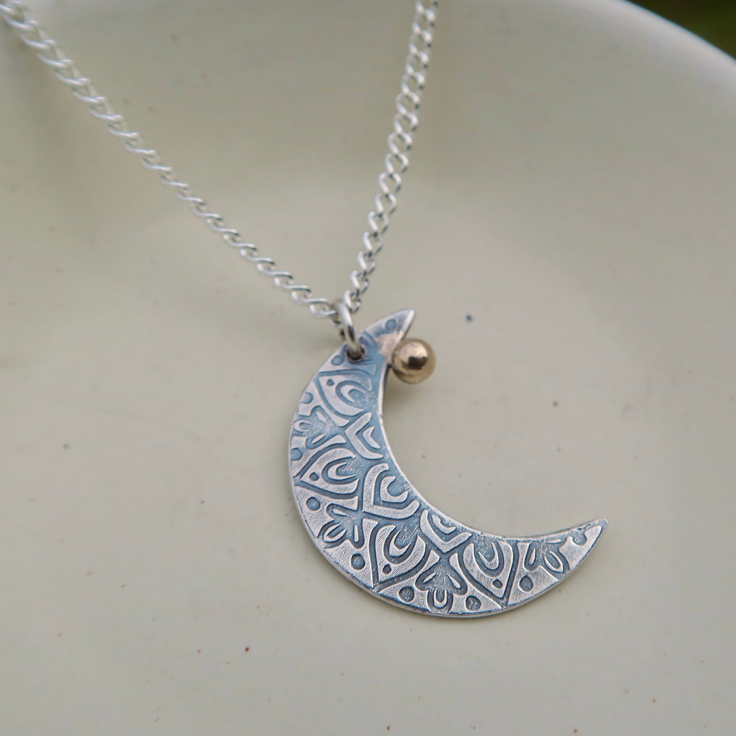 Crescent Moon Mandala, 925 Sterling Silver, 9kt Gold Necklace