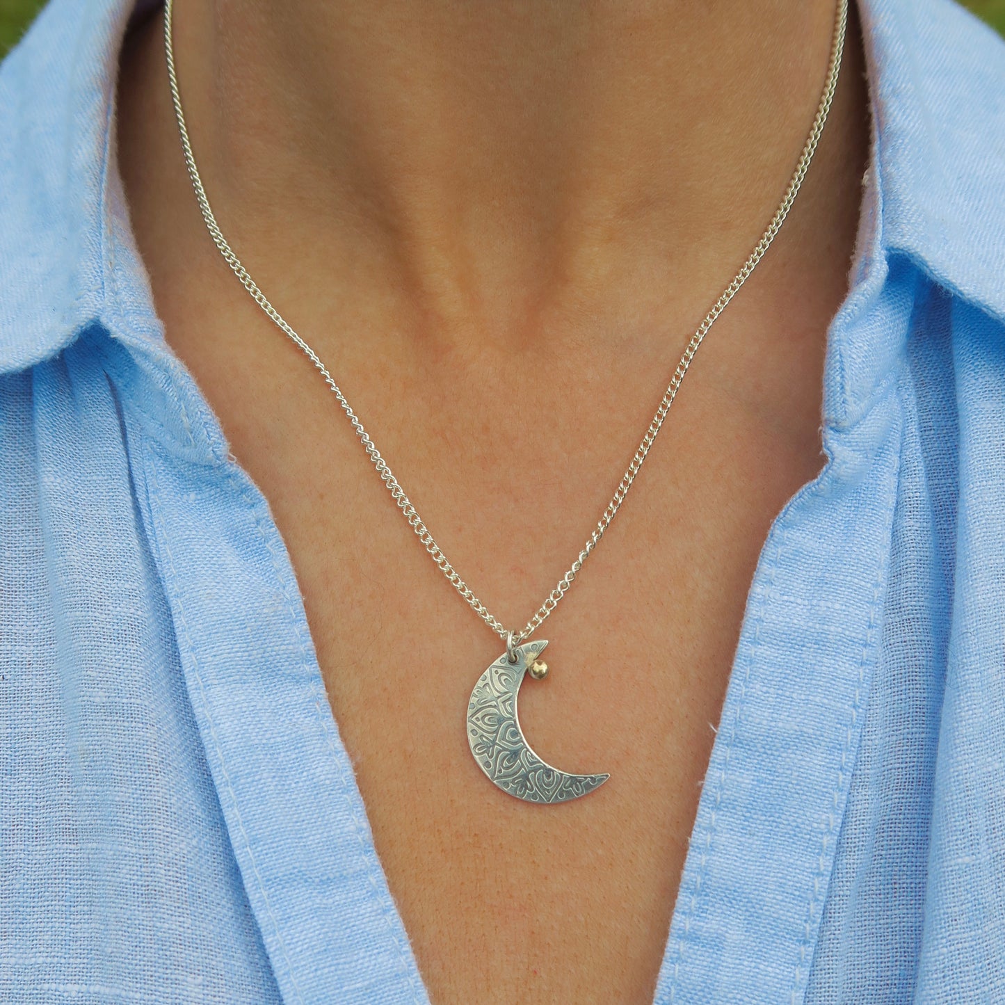 Crescent Moon Mandala, 925 Sterling Silver, 9kt Gold Necklace