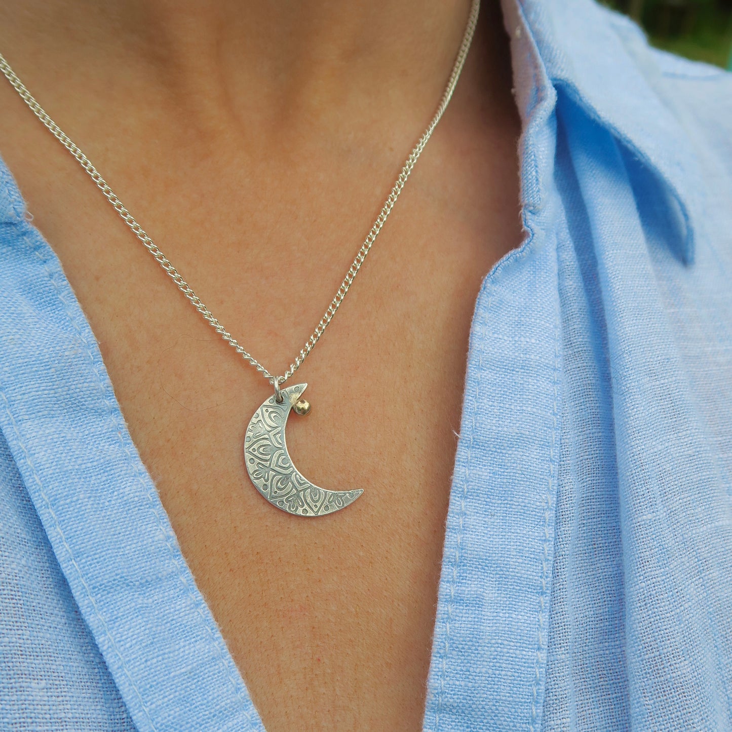 Crescent Moon Mandala, 925 Sterling Silver, 9kt Gold Necklace