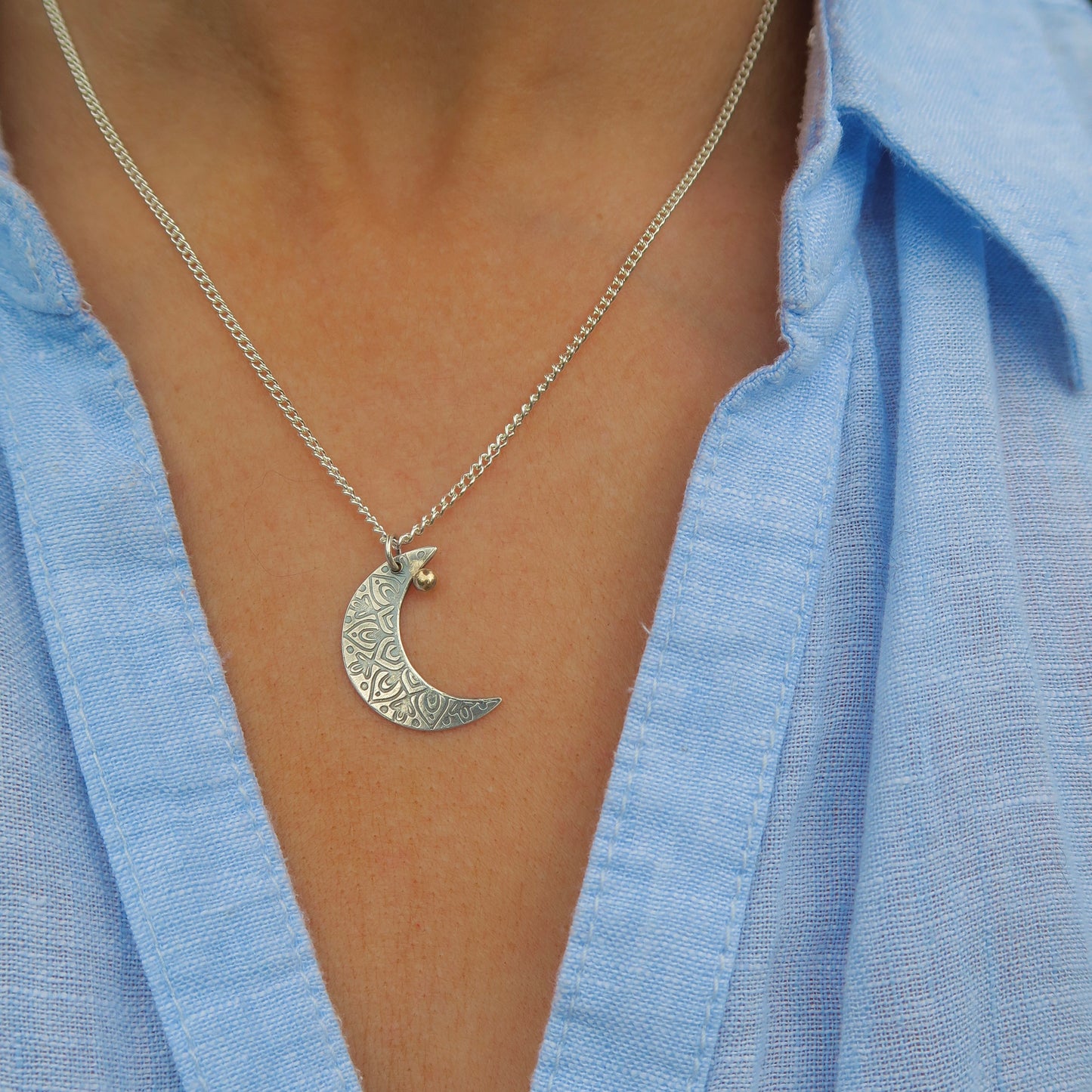 Crescent Moon Mandala, 925 Sterling Silver, 9kt Gold Necklace