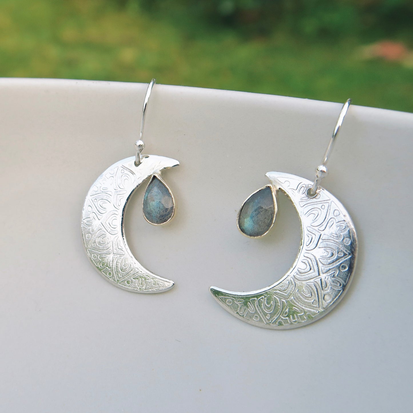 Crescent Moon Mandala, Labradorite, Sterling Silver, 9kt Gold, Earrings