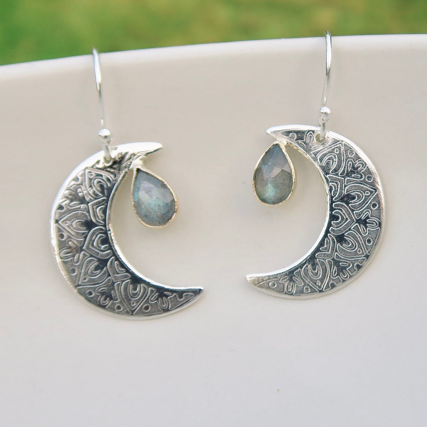 Crescent Moon Mandala, Labradorite, Sterling Silver, 9kt Gold, Earrings