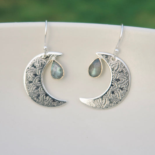 Crescent Moon Mandala, Labradorite, Sterling Silver, 9kt Gold, Earrings