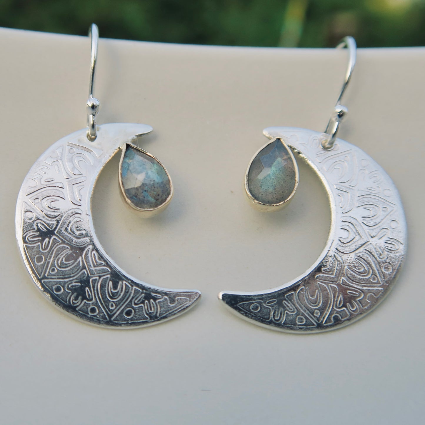 Crescent Moon Mandala, Labradorite, Sterling Silver, 9kt Gold, Earrings