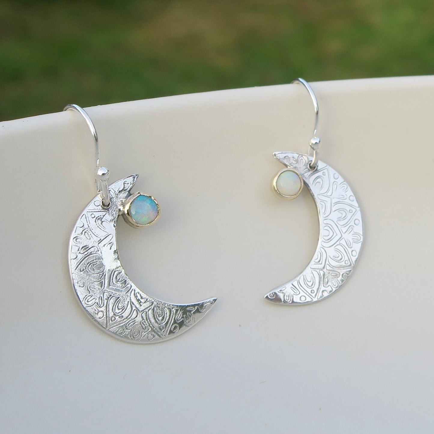 Crescent Moon Mandala, Opals, Sterling Silver, 9kt Gold, Earrings