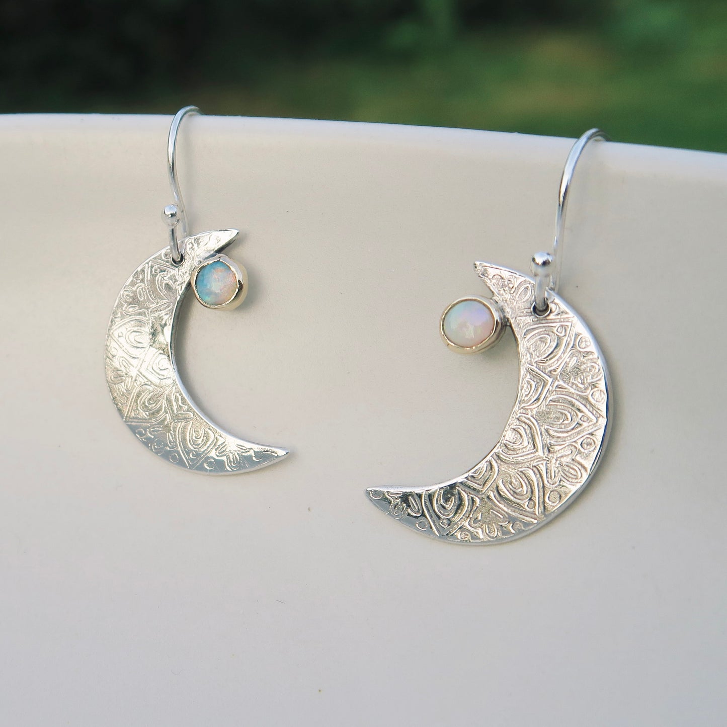 Crescent Moon Mandala, Opals, Sterling Silver, 9kt Gold, Earrings