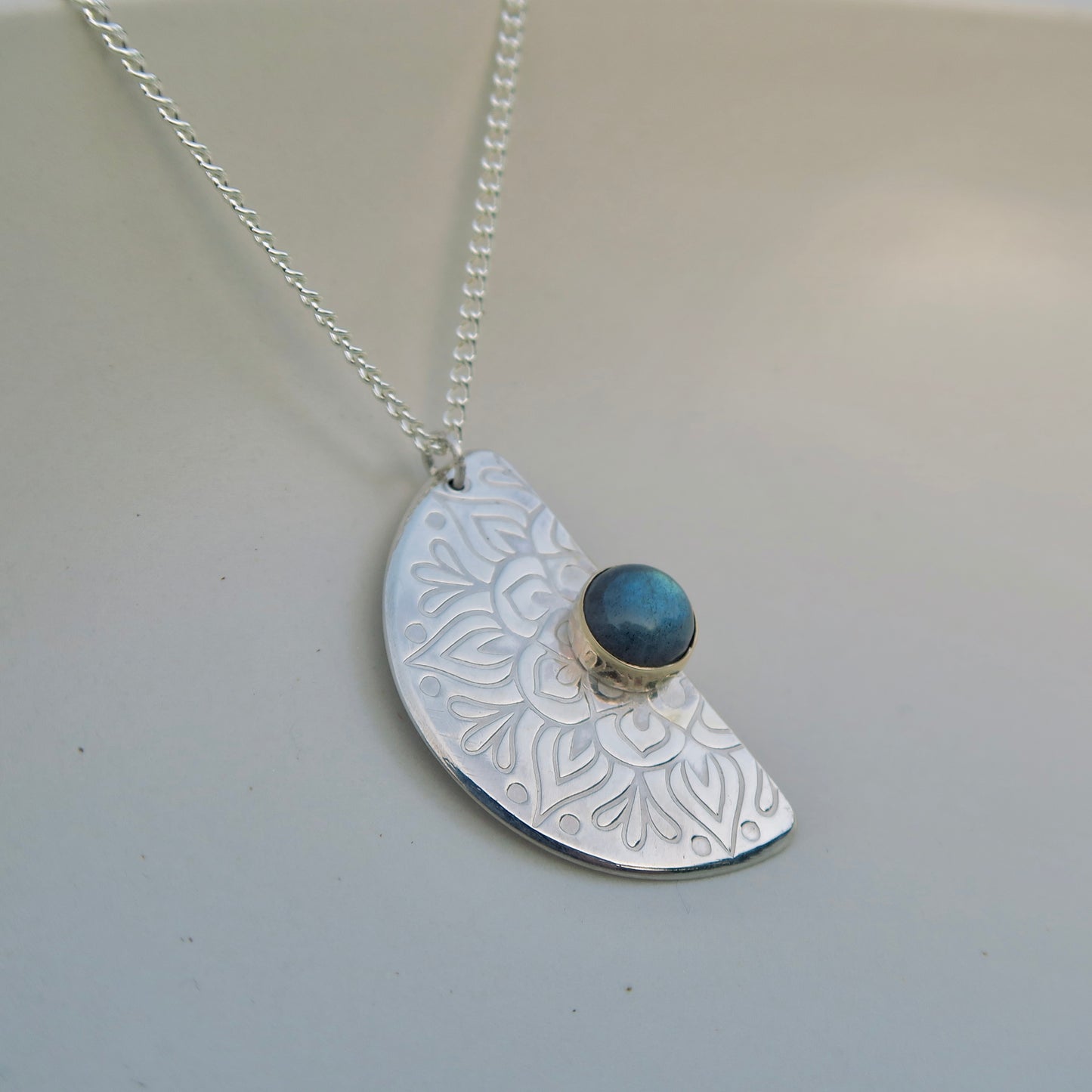 Bloom Fraction Mandala, 9kt Gold, Labradorite, Sterling Silver, Necklace Pendant