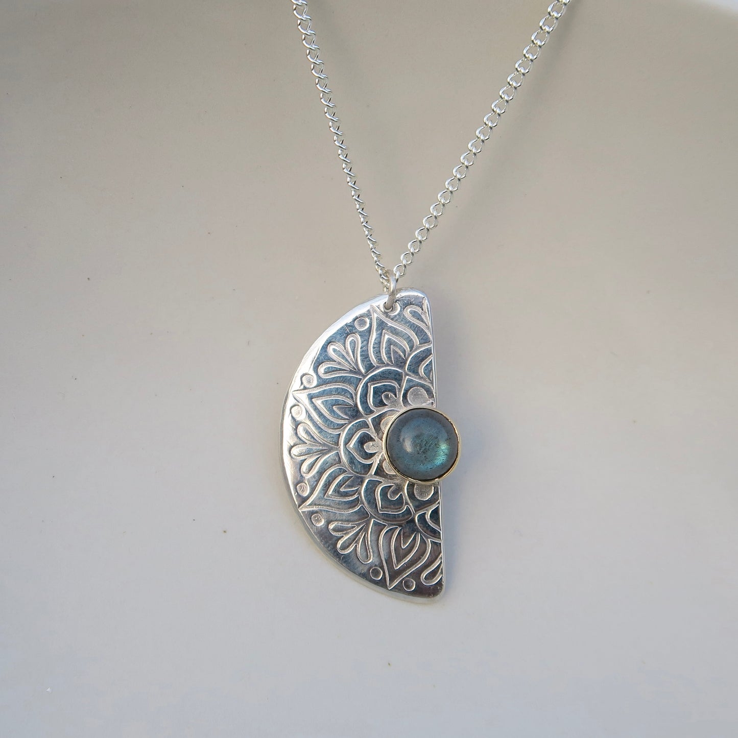 Bloom Fraction Mandala, 9kt Gold, Labradorite, Sterling Silver, Necklace Pendant